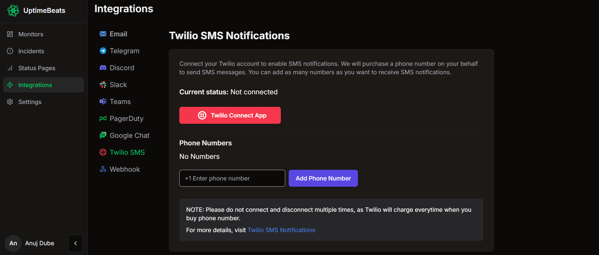 UptimeBeats Twilio Setup